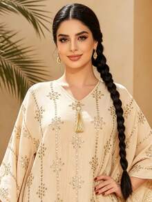 Intricate Embroidered Arabic Women's Dress 2026 Summer Autumn Apricot Elegant Saudi National Day Dress, JALABIYA Tassel V-Neck, Casual Travel Outfit - Apricot - View 4