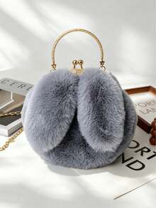 Autumn/Winter Healing Style Fluffy Rabbit Ear Metal Clasp Bag, Multi-Color Options, Handheld/Crossbody Dual-Use Girl's Bag - Multicolor - View 15