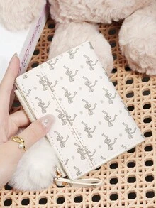 Ladies' Bow Printed Wallet Zipper Folding Button Short Wallet, With A Pom-Pom Charm, Suitable For Daily Commuting Travel - Hot Pink - View 16