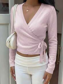 SCARLUX Fall Winter Women Y2K Knit Sweater Top, V‑Neck Tie Bow Long Sleeve Cardigan For Homecoming Street Wear - Pink - View 3