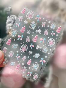 Sweet Girl Embossed Christmas Nail Stickers, Powder Blue Christmas Tree, Snowflake, Bow, Girly Style Nail Decals - Multicolor - View 4