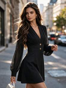 DONICY Women's Elegant V-Neck Mini Dress, Puff Long Sleeve Metal Button Waist-Cinching A-Line Autumn Dress - Black - View 3