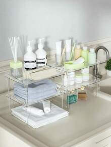 1-Piece Transparent, Modular Kitchen Tiered Shelf; Moisture-Proof And Mold-Resistant, Sturdy And Durable; Suitable For Kitchens, Bathrooms, Dressing Tables, Countertops, Wardrobes, Holiday Supplies, Birthday Gifts. - Clear - View 3