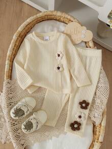 2pcs Baby Girl Cute Comfortable Soft 3D Knitted Flower Long Sleeve Ribbed Top And Pants Set, Thin For Spring And Autumn - Apricot - View 1