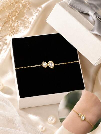 1pc Dainty Gold/Silver Double Pear Cut Cubic Zirconia Bracelet For Women, Minimalist Teardrop CZ Chain Bracelet, Elegant Daily Jewelry Gift