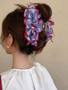 1 High-Quality Fabric Polka Dot Plaid Ruffled Hair Clip, Suitable For Various Occasions Such As Work, Dates, And Casual Wear - Multicolor - View 2
