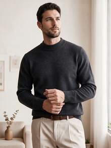 Men's Crew Neck Long Sleeve Solid Color Minimalist Casual Knit Sweater, Lightweight For Autumn/Winter - Dark Grey - View 6