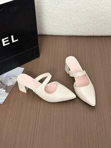 1 Pair Women Beige Pointed Toe Chunky Heel Sandals Elegant Fashion Style Comfortable Versatile High Heels - Beige - View 6