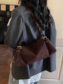 1pc Faux Suede Handbag With Gold-Tone Hardware, Convertible Tote And Shoulder Bag, Zipper Closure, Vintage Casual Style, Suitable For Autumn/Winter Commuting, Dating, Shopping - Coffee - View 9