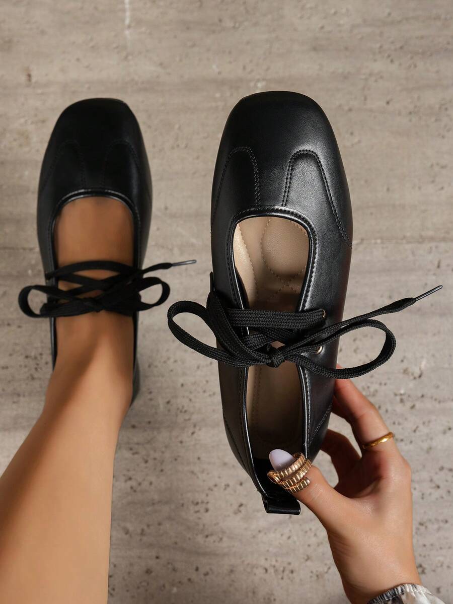 Women's Lace-Up Mary Jane Flats, Square Toe Soft Leather Vintage Ballet Shoes - Brown - View 1