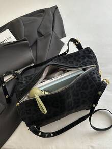 Women's Vintage Leopard Print Tote Bag, Adjustable Shoulder Strap Handbag, Zipper Closure Faux Suede Crossbody Bag, Suitable For Daily Street Wear - Black - View 6