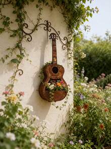 Distressed Iron Art Guitar Planter, Openwork Design, Outdoor Garden Hanging Flower Pot, Decorative Ornament - Regular Model - View 3