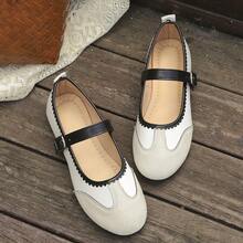 Women's Vintage Colorblock Fine Plaid Solid Color Round Toe Single Strap Flat Low-Cut Mary Jane Shoes, French Style Daily Commute Spring Autumn Beige Fabric - White - View 7