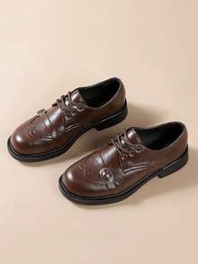 Women's Brogue Carved Leather Shoes With Metal Buckle Lace-Up Low Heel Loafers Vintage British Style Commute Versatile - Brown - View 3