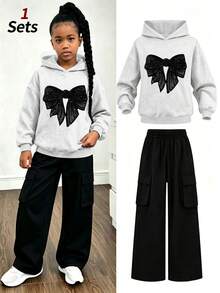 2pcs Girls Casual Set, Includes Sequin Bow Hoodie + Cargo Pants, Soft And Comfortable Casual Outfit, Autumn/Winter Wear - Multicolor - View 2