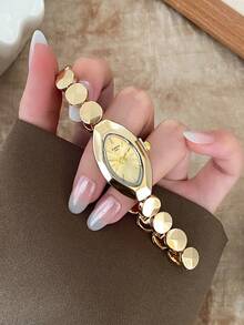 1件金色橄欖形女款石英手錶 金色錶盤 小圓盤 錶帶 刻度標記 適合日常配戴 - 金色 - 查看 2