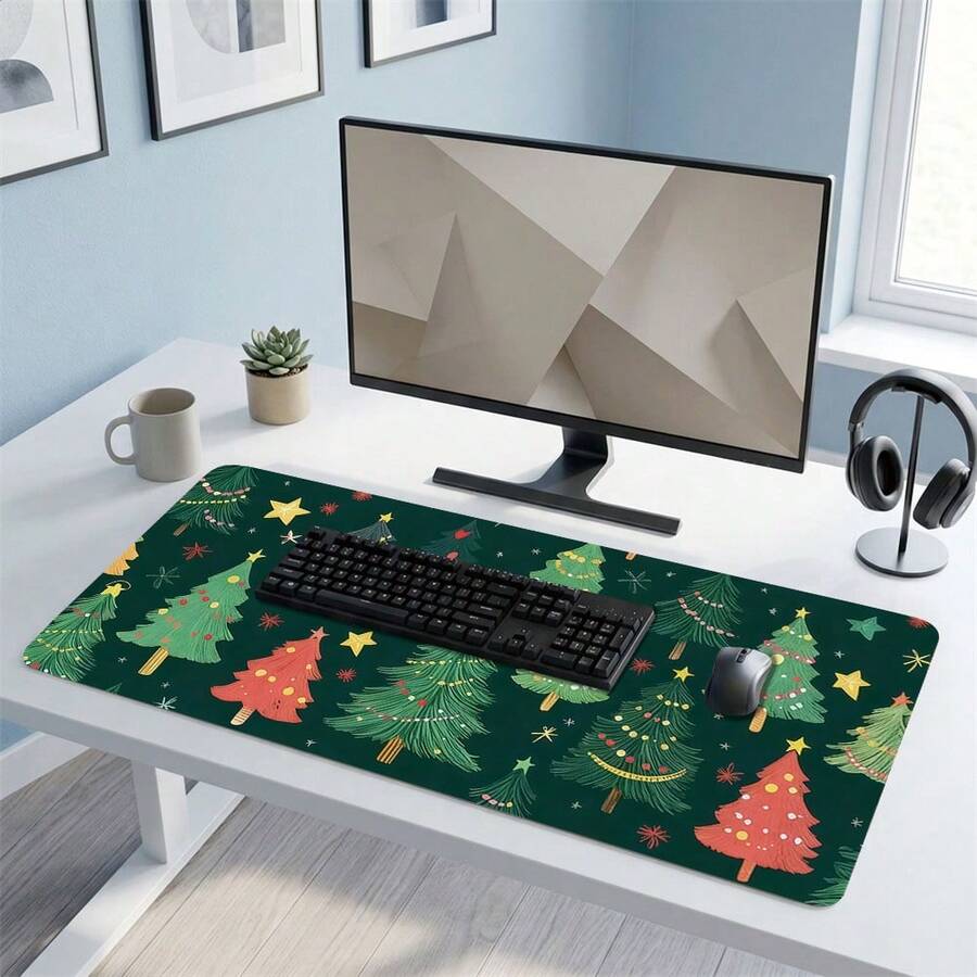 Green Christmas Tree Pattern Gaming Mouse Pad, Non-Slip Rubber Desktop Mat, Smooth Glide Surface, Suitable For Computer Laptop Office Home, Holiday Abstract Art Decor, Back To School Supplies - A - View 1