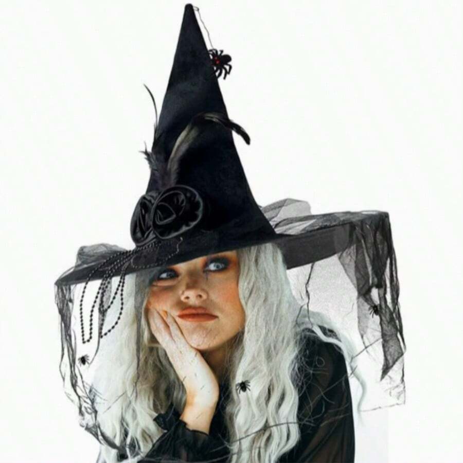 1pc Halloween Witch Hat, Velvet Fabric, Wrinkled Witch Design, Halloween Party Costume Decoration, Spooky Cosplay Accessory - Multicolor - View 1