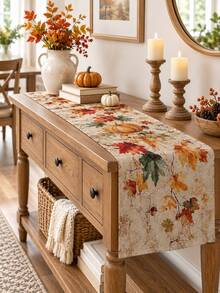 1PC Autumn Pumpkin Maple Leaf Table Runner, Linen Fall Harvest Tablecloth Runner With Pumpkin, Acorn, Berry And Botanical Print, Rustic Farmhouse Dining Table Decor For Thanksgiving, Kitchen, Dining Room, Fall Party And Seasonal Home - Multicolor - View 9