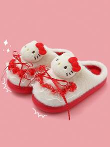 Hello Kitty Cartoon Cute Thick Sole Slippers Fluffy Bowknot Thermal Lined Comfortable Winter Slippers - Red - View 9