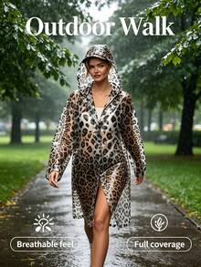 Leopard Print Transparent Hooded Raincoat, Long Length Design Covers Full Body, Effectively Resists Heavy Rain. Leopard Print Design Breaks Traditional Raincoat Dullness, Combines Practicality And Fashion. Built-In Hood Design, Comprehensive Protection, Semi-Transparent Material Lightweight And Not Heavy. Excellent Waterproof Performance Of Fabric, Suitable For Daily Commute, Outdoor Walks, Short Trips - Multi-color - View 2