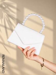 REMANLAND Luxurious Alluring Solid Color Pearl Handle Party Clutch, Exquisite Flap Women's Evening Bag With Detachable Metal Chain Shoulder Strap, Hidden Card Slots Suitable For Party, Ball, Banquet, Gathering, Wedding And Other Occasions - White - View 2