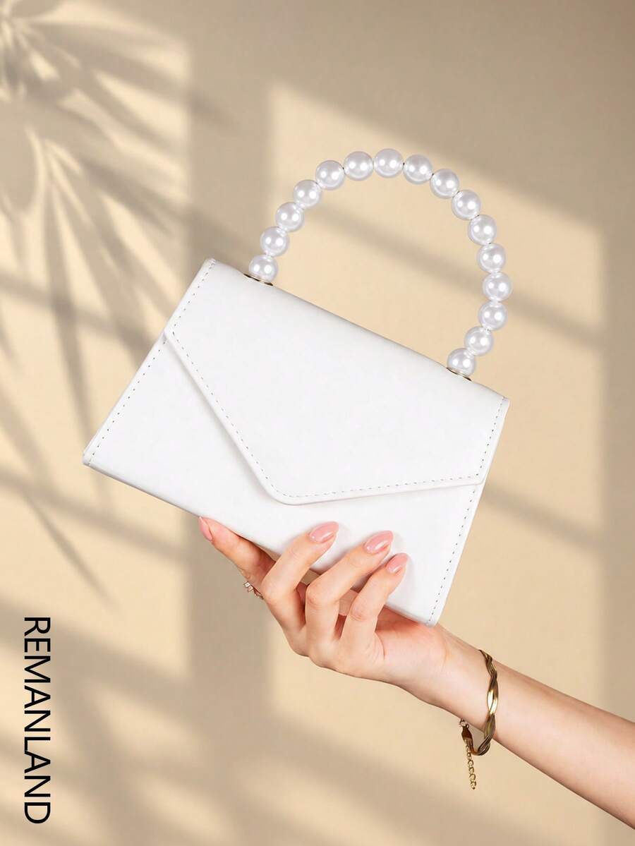 REMANLAND Luxurious Alluring Solid Color Pearl Handle Party Clutch, Exquisite Flap Women's Evening Bag With Detachable Metal Chain Shoulder Strap, Hidden Card Slots Suitable For Party, Ball, Banquet, Gathering, Wedding And Other Occasions