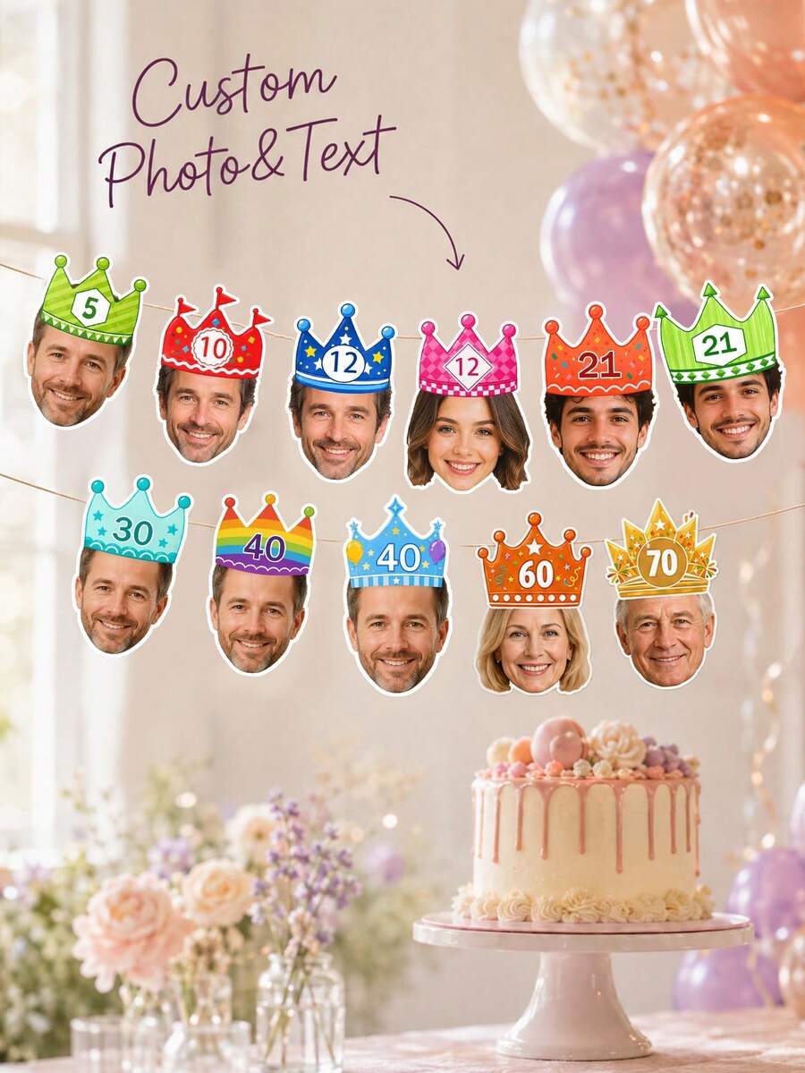8/16/24pc Personalized Crown Party Hat Face Banner,Custom Photo Face Bunting Garland,Birthday Party Decorations, Custom Face Banner, Face Garlands,Milestone Birthday Party Decor,Home Decor - Multicolor - View 1