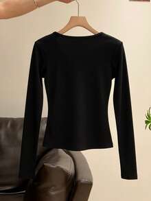 Casual Sweet Chic Date Lace Patchwork Knit T-Shirt Women Slim Fit Flattering Inner Layer Base Top Autumn - Black and White - View 7