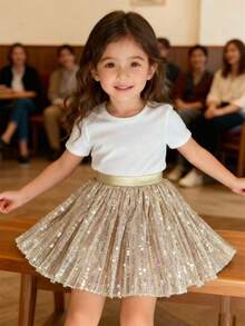 Girls' Sparkle Sequin Skirt, New Style Elegant Dance Short Tulle Skirt - Champagne - View 3