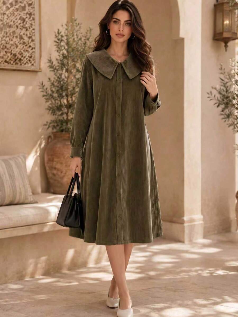 Women's Solid Color Retro Corduroy Oversized Lapel Single-Breasted Long Sleeve Coat, Winter - Army Green - View 1