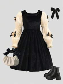 Tween Girls Christmas Velvet Dress, Square Neck Contrast Puff Sleeve, Bow Decor Princess Halloween Birthday Holiday Party Gown Dresses 8-12Y - Black - View 5