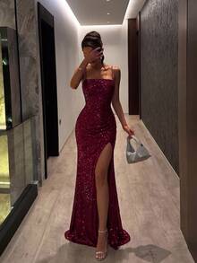 ADYCE Elegant Sparkling Spaghetti Strap Waist-Cinched Backless Fitted Sequin High Slit With Train Ball Gown, Suitable For Homecoming, Wedding Guest, Formal Evening Party - Burgundy - View 3