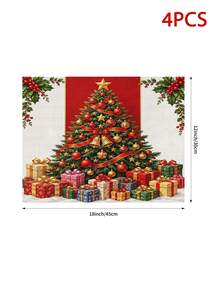 Vintage Country Style Christmas Tree Table Runner, Pillow Case, Placemat With Red Ribbon, Gold Bell, Gift Box And Holly Pattern, European And American Holiday Table Decor, Long Party Decoration - Multicolor - View 14