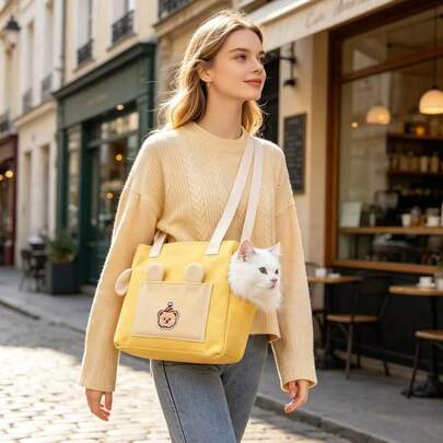 1pc Cat And Dog Travel Bag, Portable Large Capacity Cat Shoulder Bag, Comfortable Breathable Pet Backpack, Canvas Lightweight Pet Carrier Bag With Head-Out Design