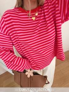 Women's Plus Size Casual Long Sleeve Knit Top, Striped Elastic Contrast Color Vacation Wear, Spring/Autumn T-Shirt, College Style & Daily Comfortable Outfit Choice - Rose Red - View 1