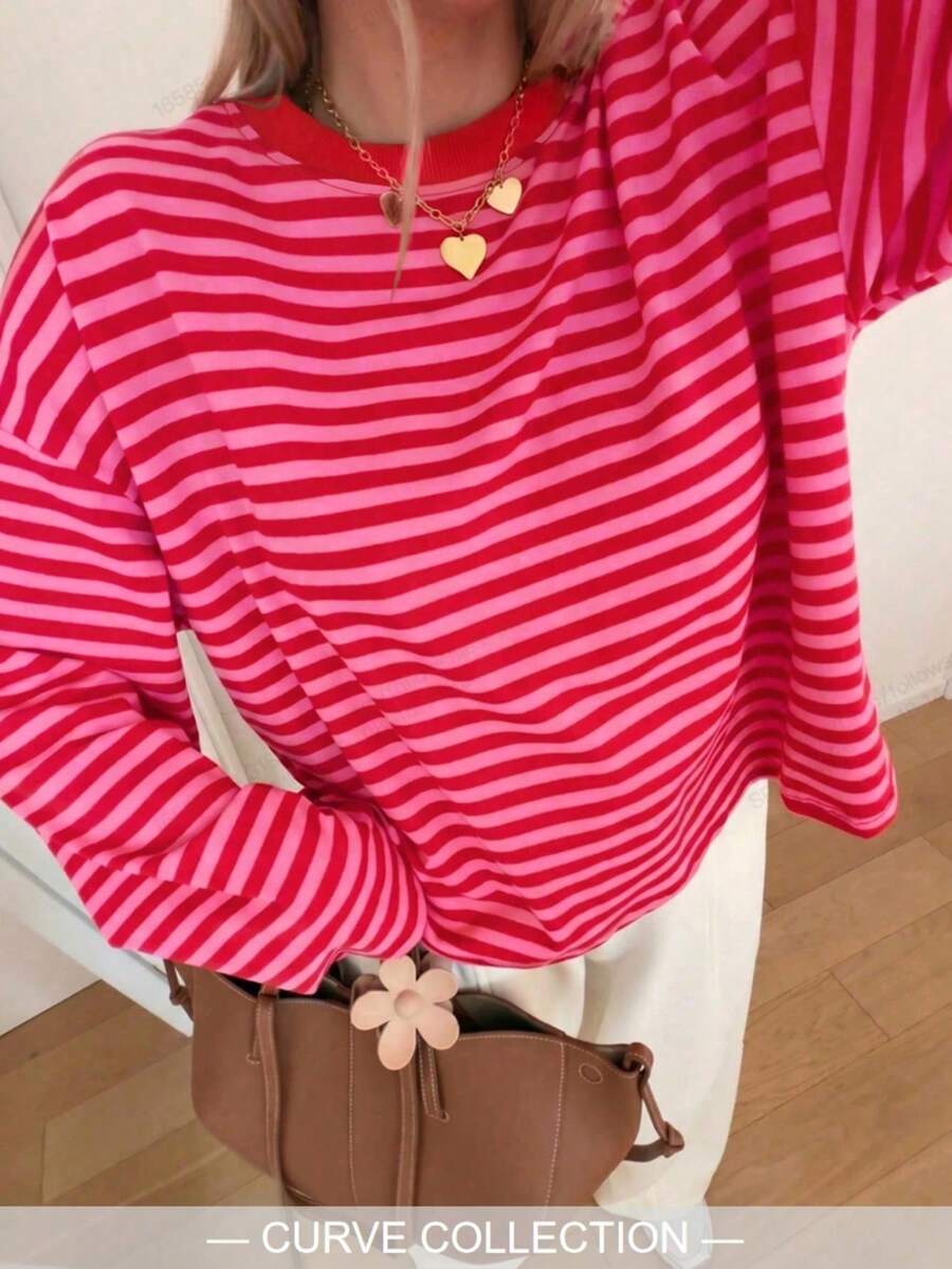 Women's Plus Size Casual Long Sleeve Knit Top, Striped Elastic Contrast Color Vacation Wear, Spring/Autumn T-Shirt, College Style & Daily Comfortable Outfit Choice - Rose Red - View 1