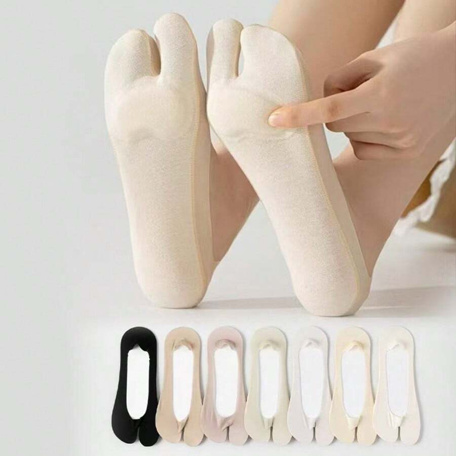 Random 1/3/5/7 Pairs Women's Soft Air Cushion Shock Absorbing Comfortable Invisible Toe Socks, Anti-Slip Split Toe Design, Suitable For Any Shoe Type - Multicolor - View 1
