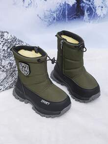 Children's Winter Snow Boots, Boys' Warm Suede Lining, Side Zipper Straps, Thick Soled Outdoor Boots Suitable For Infants And Young Children - Green - View 2