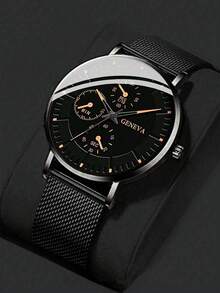 1pc Men's Watch Black Stainless Steel Strap Casual Round Dial Quartz Watch, Suitable For Daily Life, Can Be Used As A Gift For Back-To-School Students - Black - View 1