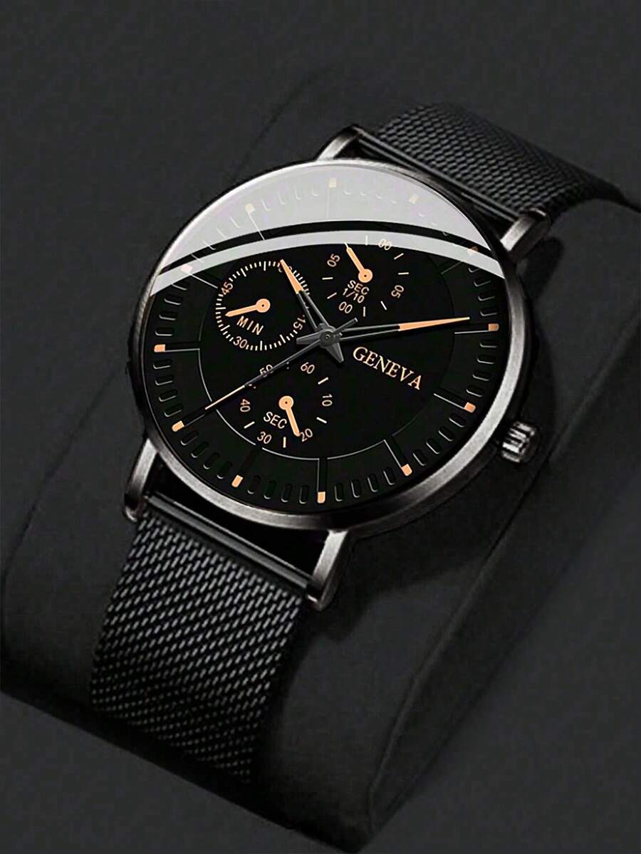 1pc Men's Watch Black Stainless Steel Strap Casual Round Dial Quartz Watch, Suitable For Daily Life, Can Be Used As A Gift For Back-To-School Students - Black - View 1