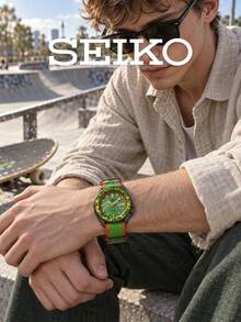 Seiko Men's Sports Automatic Watch Street‑Style Green‑Yellow Crackle‑Pattern Bezel Swirl‑Textured Dial Day‑Date Window Green‑Red Striped Nato Strap - Green - View 4