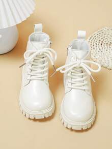 Girls Sweet Heart Decor Ankle Boots, Glitter Heart Applique Lace-Up Side Zipper Thick Sole Non-Slip Mid-Calf Boots - Beige - View 4