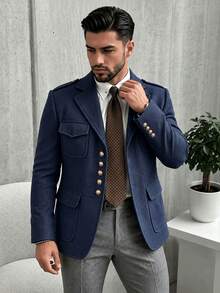 Blazer Pria Warna Biru Tua Gaya Vintage Berburu, Desain Kasual Modis, Jaket Jas Musim Semi/Gugur untuk Pemakaian Sehari-hari - Navy Blue - View 2