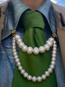 Double Layer Pearl Tie Clip Chain, Vintage Decorative Tie Accessory - White - View 5