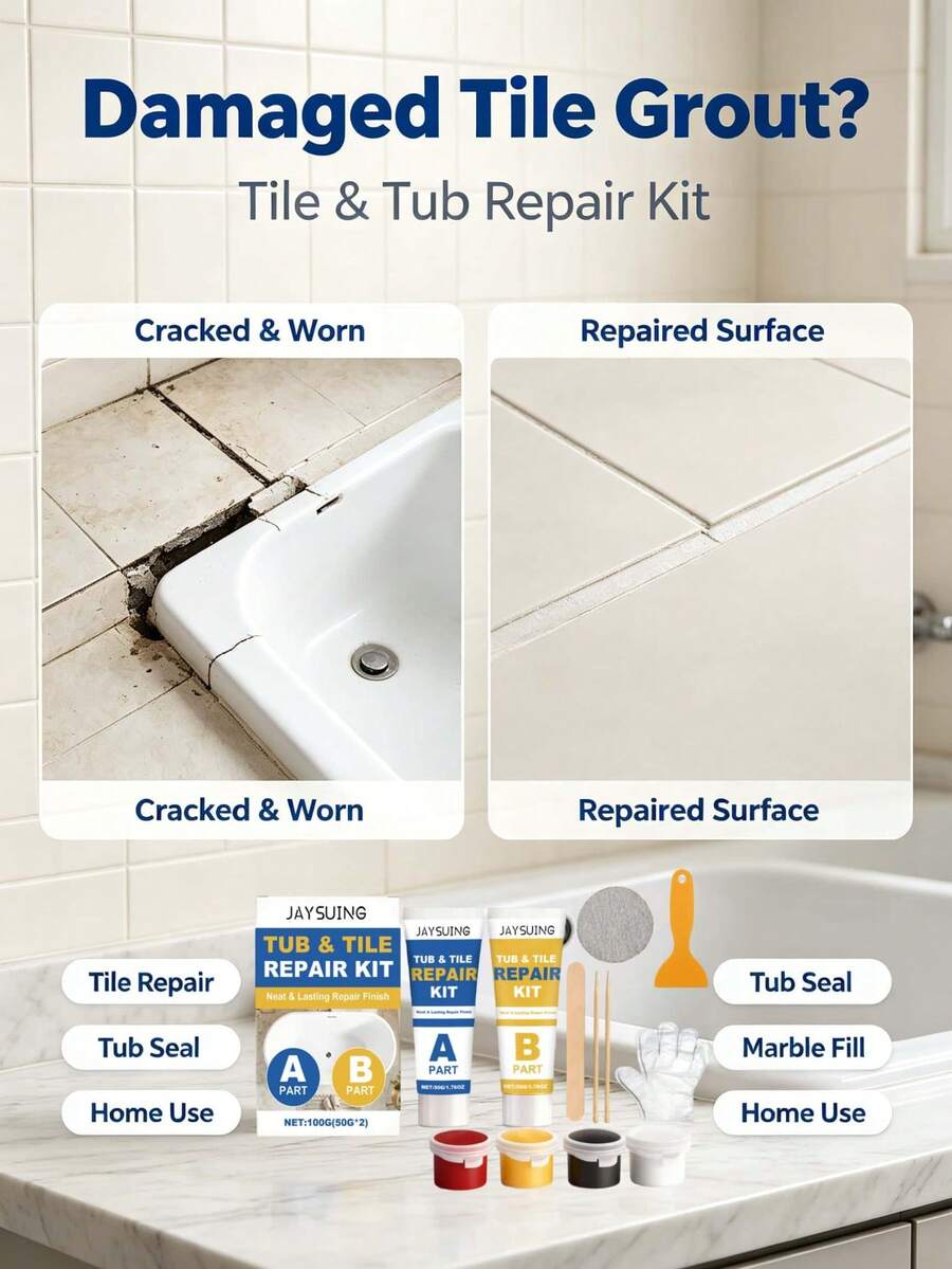 JAYSUING Kit de reparación de azulejos, sellador de lechada para el hogar, relleno de grietas para cerámica y mármol, pegamento AB, juego de reparación y sellado - A - Ver 1
