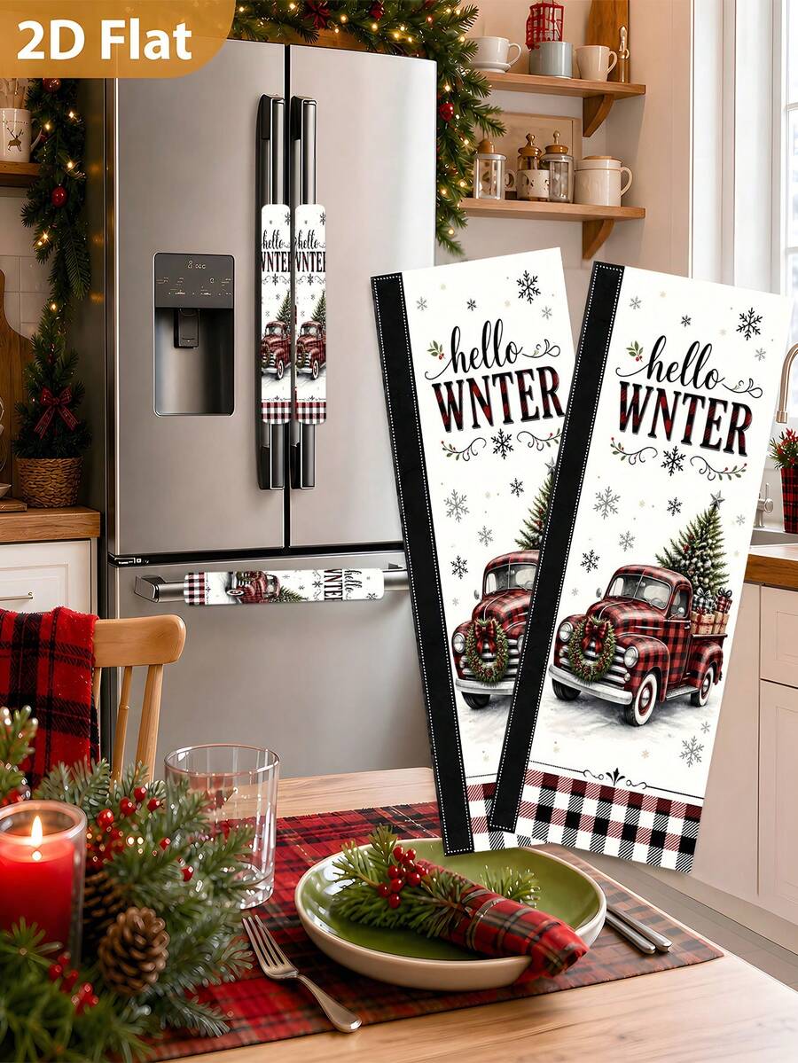 1/2Pcs Christmas Fridge Handle Covers, Red Pickup Truck, Black White Red Plaid, Christmas Tree Pattern, With Hook & Loop Fastener, Suitable For Refrigerator, Oven, Microwave, Dishwasher, Christmas Holiday Kitchen Decor - View 1