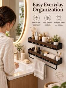 1pc Black Bathroom Storage Rack, Modern Wall-Mounted Organizer With Towel Bar, Double Layer Shower Caddy, Suitable For Shampoo, Lotion, Skincare And Toiletries, Space-Saving Floating Shelf, Suitable For Bathroom Countertop, Shower Room And Home Decor - Multicolor - View 5