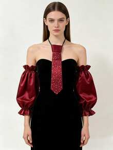 1set Burgundy Satin Detachable Petal Sleeve Cuffs And Rhinestone Decor Neck Tie Set Elegant Accessory For Evening Prom Wedding Party Formal Cosplay - A - View 4