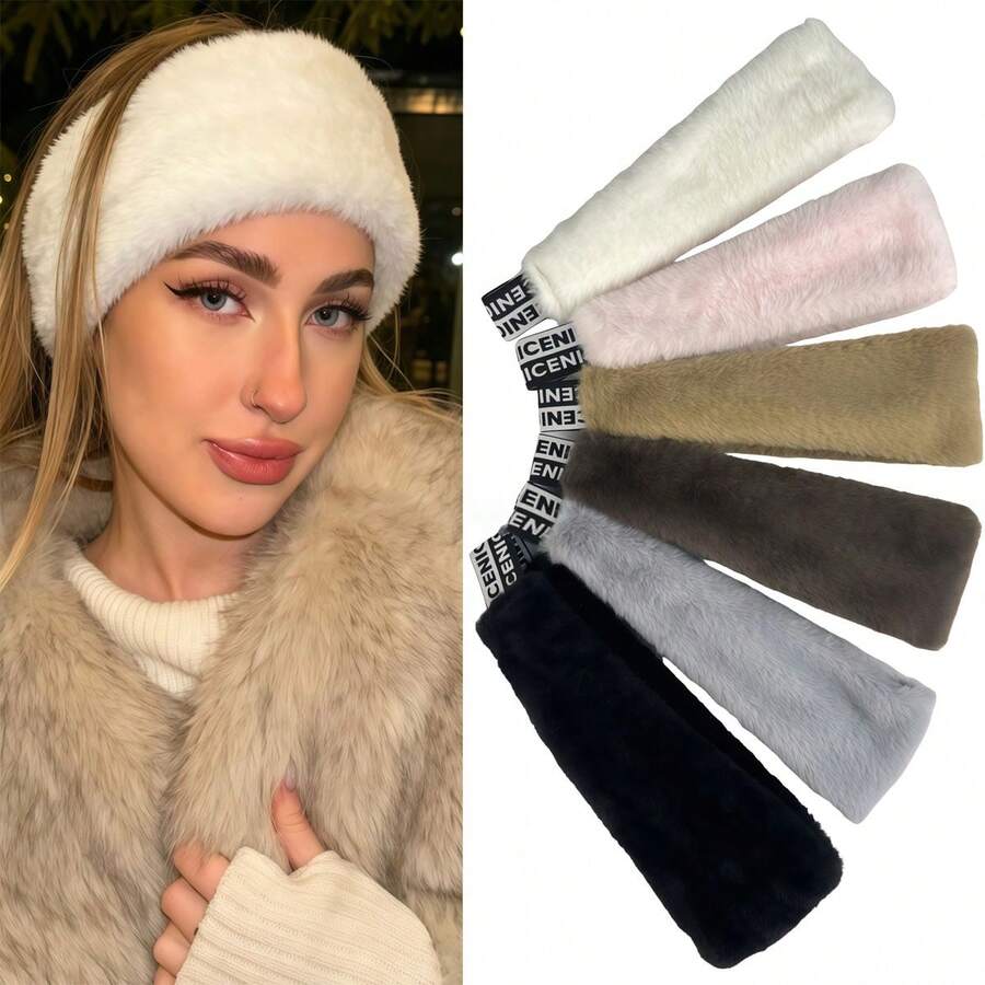 1pc 2026 Autumn/Winter New Plush Headband Faux Rabbit Fur Wide Edge Windproof Outdoor Forehead Warmer Elastic Hair Tie Solid Color Casual Polyester Fiber Anti-Cold Headband - As Shown In the Picture - View 1